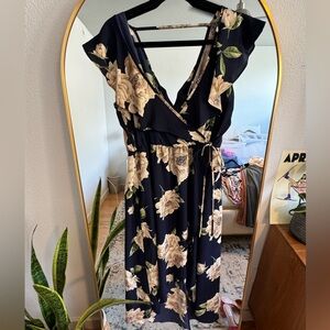 Long High-low Floral Garden Dress Navy with beige flower details, XL